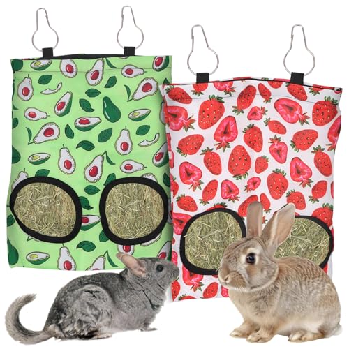 ABTOLS 2PCS Rabbit Hay Feeder Bags, Hanging 2 Hole Hay Feeder for Guinea Pigs Chinchillas Hamsters Red Green Strawberry Avocado Bunny Small Animal Pet Cartoon Hay Bag - color: green