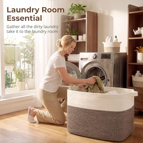 OIASKET 108L Cotton Rope Storage Basket for Living Room and Bedroom 25"x16"x16" Woven Laundry Basket, Heavy Duty Bin for Blankets, Pillows & Toys, Pet-Safe & Scratch-Free, Dark Brown and White - color: Dark Brown & White