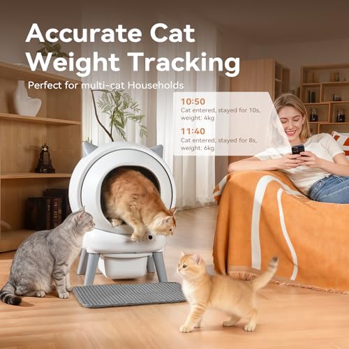 Automatic Litter Box, Self Cleaning Cat Litter Box for Multiple Cats with App Control,Quiet Control, Smart Litter Box for Cats, with 2 Roll Trash Bag and Litter Mat - color: Grey White