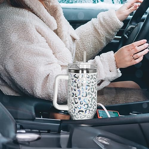 40 oz Tumbler with Handle and Straw, 100% Leak-Proof Travel Mug, Stainless Steel Double Wall Vacuum Insulated Coffee Cup Keeps Cold For 34 Hours, Dishwasher Safe, White Leopard - color: White Leopard