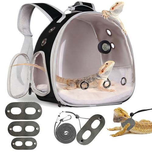 Reptile Travel Backpack Carrier with Reptile Thermometer and Humidity Gauge & Harness Leash Lizard Travel Cage Space Capsule Clear Bubble Window Astronaut Bearded Dragon Bag for Ball Python - color: Black