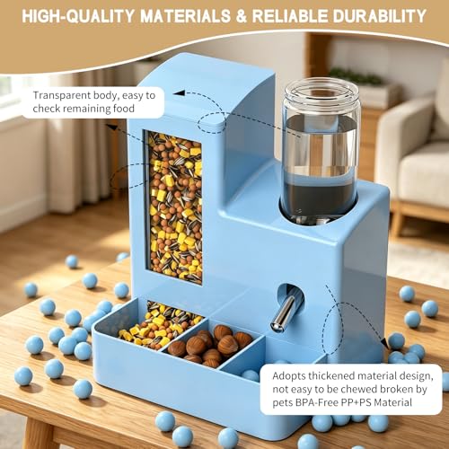 Automatic Hamster Feeder, 2-in-1 Water Bottle Dispenser No Drip | 5.51x4.33x6.49 Inch compact design with hamster water bottle, hamster food bowl and hamster accessories for small pets. - color: Blue