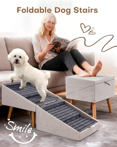 Split Ottoman Dog Ramp for Couch and Bed,17.13" H Dog Stairs for Small Dogs and Cats, Foldable 2 in 1 Pet Steps for Medium Large Dogs and Puppy, Non-Slip Wooden Doggie Steps - size: 17.13" H- Apricot