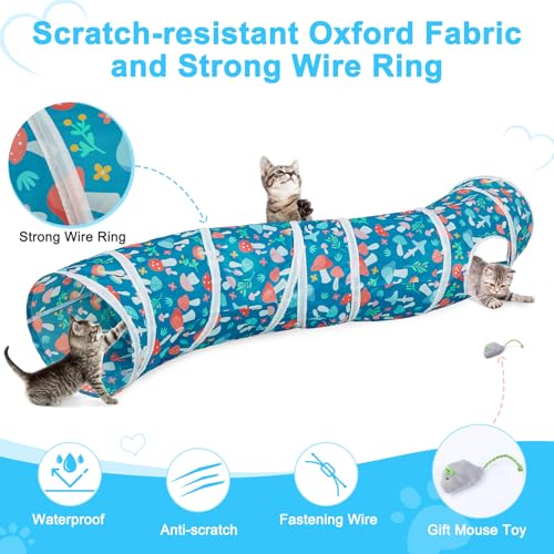 Glittme S-Shape Cat Tunnel, Foldable Cat Tunnels for Indoor Cats | Interactive Bunny Tunnel And Cat Tubes With Crinkle Sounds. Ideal For Kittens, Ferrets And Small Pets To Hide, Play Or Rest - color: Blue Mushroom