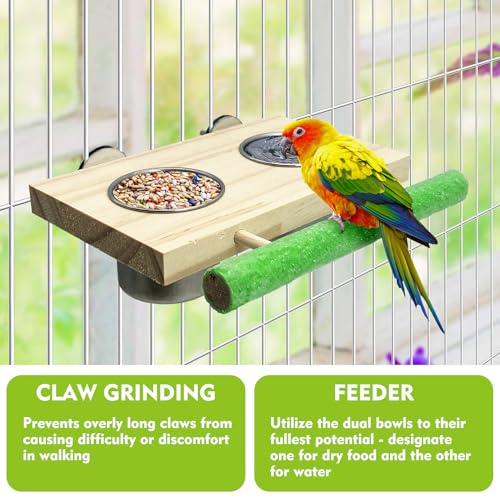 Bird Feeding Dish Cups with Wooden Platform | Hanging Stainless Steel Parrot Cage Feeder Bowl Wood Perch Stand for Parakeet Cockatiels Lovebirds Budgie (Medium) - size: Frosted perch (Color random)