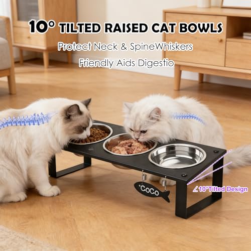 3 in 1 Elevated Cat Bowls with Splash proof Mat for Kittens, Puppies, Multi-pet Households, 10° Tilted Raised Cat Bowls Anti-Vomiting, 3 Wide Shallow Stainless Steel Bowls, Whisker Friendly, 3.5" Tall - color: Black-3bowls