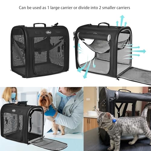 Wakytu 2-in-1 Pet Carrier for Cats & Dog, Travel Carrier for Camping | Extra-large fits 2 cats up to 25lbs each, includes 2 hammocks, carry bag, bowls & stakes. Car seatbelt pass-through