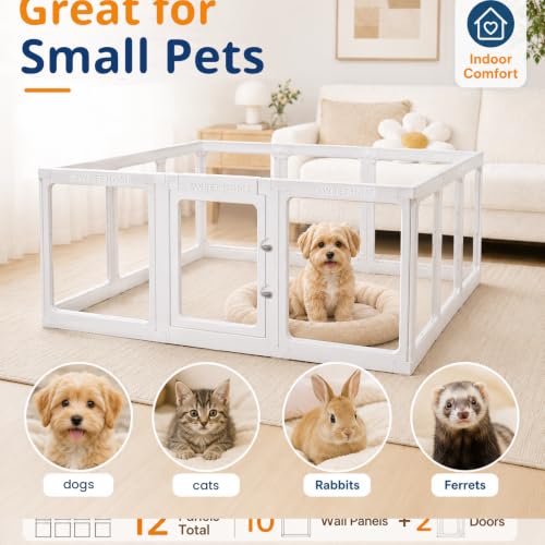 Clear Acrylic Dog Playpen Indoor 12 Panels Puppy Play Pen with Door and Toilet Detachable Pet Fence Kennel for Small Dog, Cat, Rabbit (24 Inch, White) - color: White