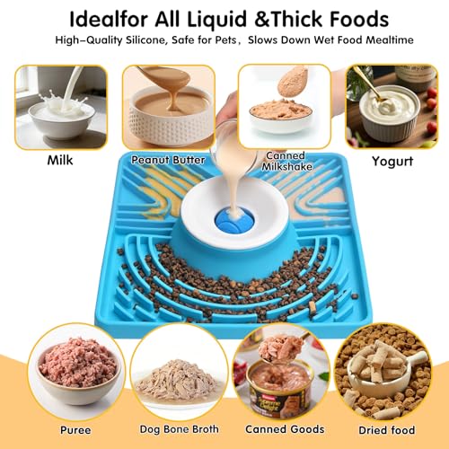 Slow Feeder Dog Bowl with Rolling Ball, 6 to 7 Cup Large Capacity, Anti-Slip Silicone Lick Mat for Liquid Treat,Interactive Puppy Licking Toy for Large, Medium, Small Dogs and Cats, Blue