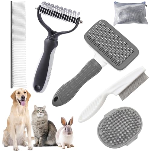 Dog Brush for Shedding,6 PCS in One Pet Slicker Hair Brush Kit Organizer Bag - Dog Cat Grooming Deshedding Undercoat Rake Brush Comb for All Small Large Dogs Cats Grey - color: 6-Grey