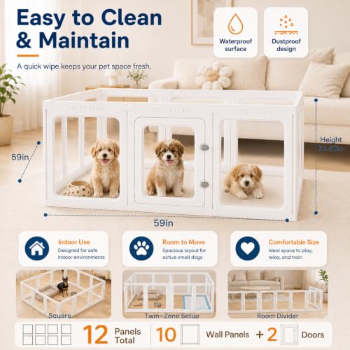 Clear Acrylic Dog Playpen Indoor 12 Panels Puppy Play Pen with Door and Toilet Detachable Pet Fence Kennel for Small Dog, Cat, Rabbit (24 Inch, White) - color: White