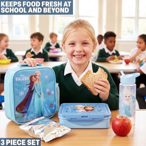 Get Trend Disney Frozen Girls Lunch Box 3Pc Set | Kids Insulated Lunch Bag with BPA-Free Water Bottle and Snack Box, Back to School Anna & Elsa Gifts for Girls - color: Blue Frozen