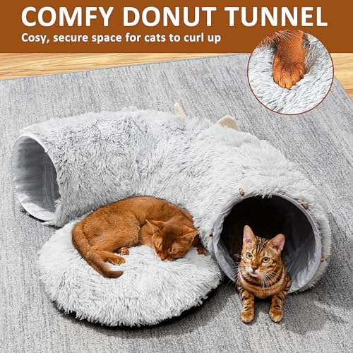 Cat Tunnel with Cat Bed for Indoor Cats, Under Christmas Tree Soft Plush Peekaboo Cat Cave Donut Tunnel, Multifunctional Playground Toys Hideplace for Kittens, Rabbit, Ferret (Grey) - color: GREY