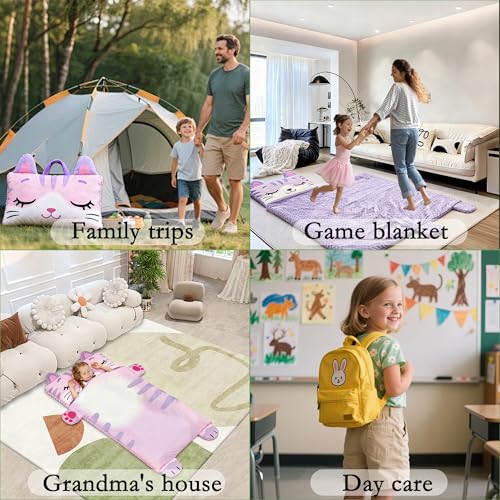 Wizland Sleeping Bag for Kids,Portable Daycare Nap Mat -61.8"×28.3" for 3 4 5 6 7 8 - color: Kid Cat Sleeping Bag+Pillow
