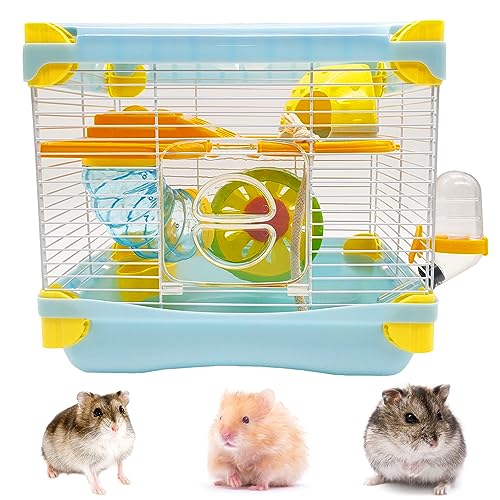 Hamiledyi Portable Hamster Cage 2 Layers Dwarf Hamster Habitat Small Animal Travel Cage with Exercise Wheel Hamster Enclosure Mouse Cage for Hamsters Mice Gerbils or Other Tiny Pets - color: Blue