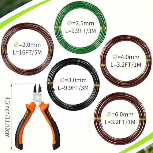Mudder 5 Roll Aluminum Bonsai Training Wire Tree 2/2.5/3/4/6mm 42 Feet Total with Bonsai Wire Cutter Anodized Training for Holding Branches Small Trunks(Colorful) - color: Colorful, size: 2/2.5/3/4/6mm