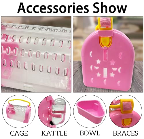 kathson Hamster Cage Travel Carrier Portable Cage with Water Bottle Outgoing Cage and Adjustable Strap Pet Cage for Small Pet Hedgehog Sugar Glider Squirrel Mice（Pink） - size: Pink