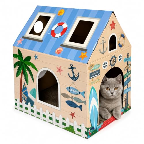 Cinrobiye Cardboard Cat House with Scratcher, Indoor Cat Condo Cat Cave Hideout with Scratch Pad, Cardboard Cat Playhouse Bed for Cats, Kittens, Rabbits & Small Pets (Seaside) - color: Seaside