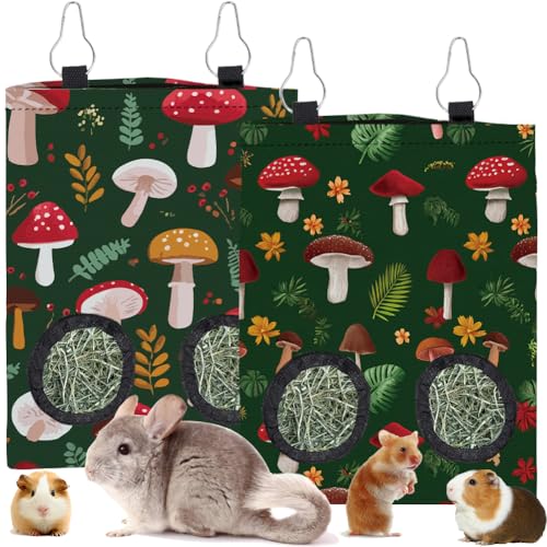 2Pcs 2 Styles Mushroom Hay Bag Feeder Guinea Pig Hay Bags with 2 Holes Mushroom Leaves Pattern Oxford Cloth Washable Rectangle Feeding Storage for Rabbit Chinchillas Hamsters 12 x 9 Inch - color: Mushroom