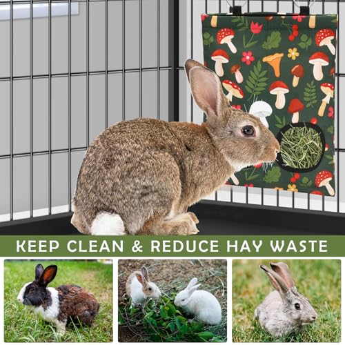 JarThenaAMCS 2Pcs Rabbit Hay Feeder Bag with 2 Holes 11.5 x 9 Inch Mushroom Guinea Pig Hanging Hay Feeding Bag Storage Dispenser for Chinchilla Hamster Bunny Small Animal Pet