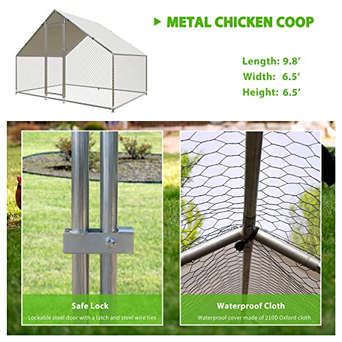 NUGRIART Large Metal Chicken Coop Walk-in Poultry Cage with Water-Resident and Anti-UV Cover Duck Rabbit Cat House Outdoor Chicken Run Pen with Spire Shaped Cage - size: 6.5’L×9.8’W×6.5’H