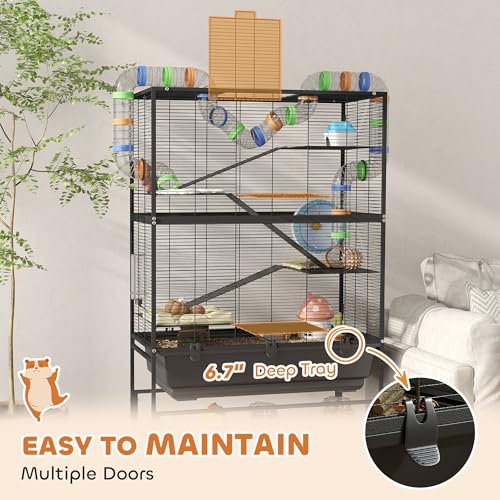 PawHut Large Hamster Cage with Deep Tray, 5 Tier for Syrian Gerbil Mouse | Rolling Rat Cage, Storage Shelf, Big Exercise Wheel, Tube System, Hut, Platforms, Ramps, Food Dish, Water Bottle - size: 32.3"L x 18.1"W x 59.1"H