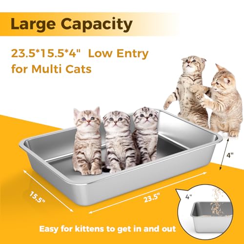 Stainless Steel Cat Litter Box,Extra Large Metal Litter Box,24Lx16x4 in | Extra Large Metal Litter Tray for Big Cats Kitty Rabbits,No Smell,Non Stick,Easy to Clean - color: 4"H, size: 24"L x 16"W