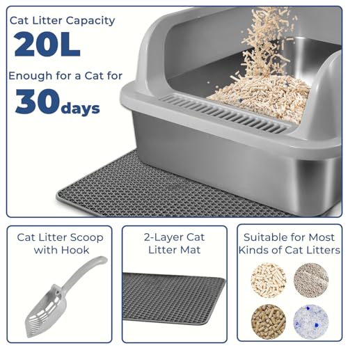 2 Pack Stainless Steel Cat Litter Box with Lid, High Wall Kitty Litter Box for Small Cats, Metal Kitty Litter Box, Non-Sticky, Anti-Leakage, Easy Cleaning, Include Cat Mat and Scoop, 17.2"x13.2"x7.7" - color: 2 Pack Grey