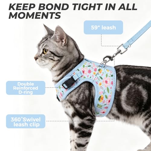 BINGPET Cat Harness and Leash Set, Escape Proof and Adjustable, Medium | Step-in Vest, Lightweight Soft Breathable Mesh, Hook & Loop, Easy Control for Small & Medium Cats Walking Travel - color: Flower, size: Medium