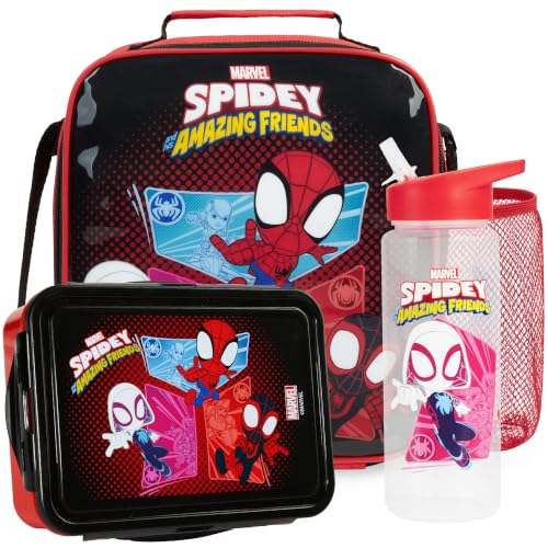 Get Trend Marvel Spidey and His Amazing Friends Boys Lunch Box 3Pc Set | Kids Insulated Lunch Bag with BPA-Free Water Bottle and Snack Box, Back to School Ghost Spider, Miles Morales Gifts for Boys - color: Red/Black Spidey and Friends
