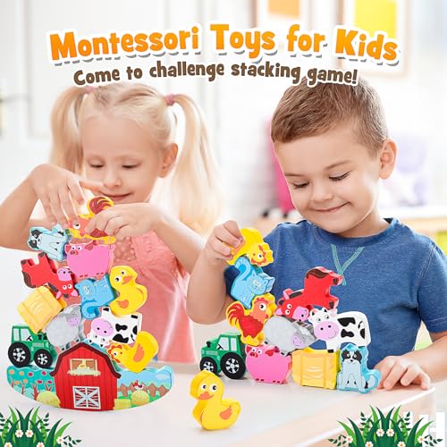 IPOURUP Montessori Toys for Kids 3-7 Wooden Farm Animal Blocks Stacking Games Educational Toy for 3 4 5 6 Year Old Girls Boys Christmas Birthday Gifts for Grandkids Toddler Balance Game Girls Age 3-5 - style: Animal Blocks