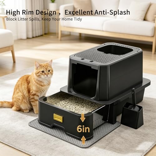 RIZZARI Enclosed Cat Litter Box: Stainless, Top Entry, Easy Clean | Built-In Deodorizer Spray / Extra Large / High Splash Sides / Top-Exit Tracking Control / Slide-Out Drawer / Apartments - color: Carbon black with gun