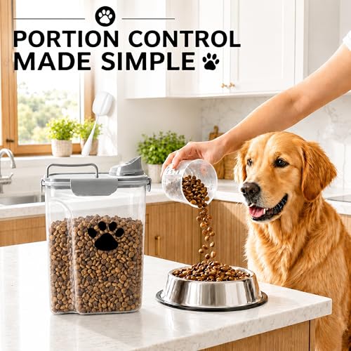 5-7Lbs Dog Cat Food Storage Container with cleaning brush | 4 Snap Seals,Portable Pet Food Containers with Upgraded Large Nozzle and Measuring Cup,Cats,Birds(Large-Grey) - color: 6QT-Grey