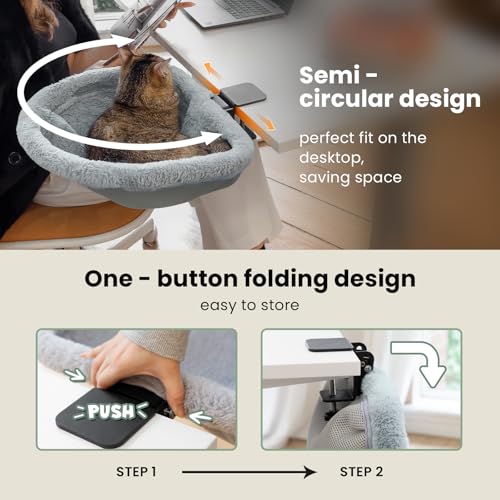 Cat Desk Bed - One-Click Folding,Sunken Design & Space-Saving Semi-Circular Cat Bed, Soft Faux Rabbit Fur Material, Suitable for Various Desktops-Maximum Hold Up to 40lb | Sunken Design & Space-Saving Semi-Circular Cat Bed, Soft Faux Rabbit Fur Material,
