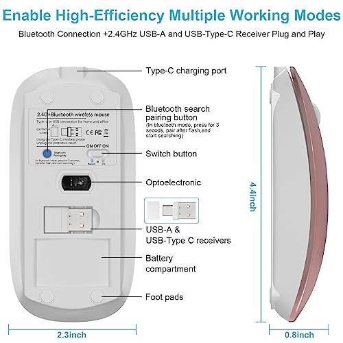 Mouse for MacBook Wireless Bluetooth Mice Laptop Mac Pro PC iPad Dual Mode | Wireless Bluetooth Rechargeable Silent Slim Optical Computer Mouse Bluetooth 5.2/3.0 and 2.4GHz USB Type-C Receiver Gray - color: 3.Bluetooth Wireless Mouse (Gray)