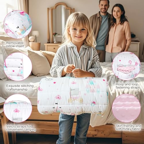 david's kids Toddler Nap Mat with Removable Pillow and Minky Fleece Blanket, 55"x23",Ultra Soft Slumber Bags for Girls, Perfect for Preschool, Daycare, Kids Sleeping Bags with Rollup Design, Princess - color: Princess