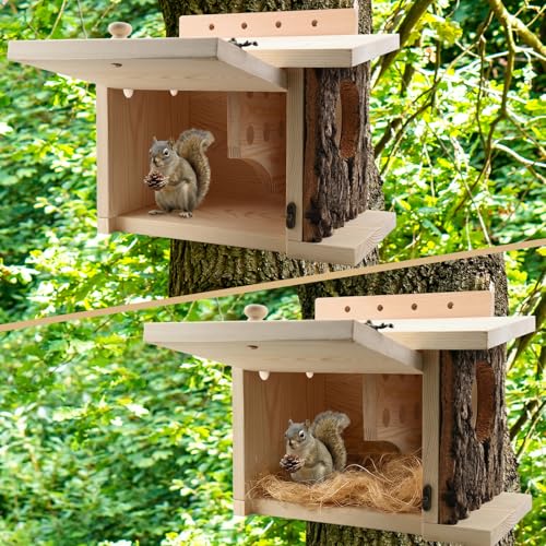 Squirrel Nesting Box with Predator Guard, Easy Assembly Squirrel Houses | for Outside Nesting, Wooden Nesting Box for Squirrels, Chipmunk, Bird and Small Animals