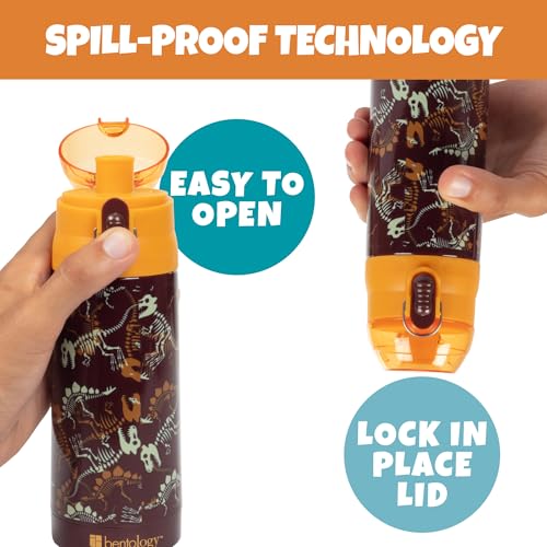 Bentology Stainless Steel 13 oz Reusable Water Bottle for Kids, Dinosaur - Double Wall Insulated, Spill Proof Lid w/Built-in Straw- Keep Liquids Hot or Cold For Hours- Fits in Lunch Boxes & Bags | Double Wall Insulated, Spill Proof Lid W/Built-in Straw- K