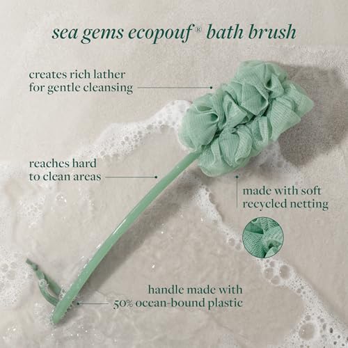 EcoTools Sea Gems EcoPouf Bath Brush, Exfoliating Body Scrubber for Shower | Smooth hard-to-reach areas, long handle loofah back scrubber, recycled netting, vegan, cruelty-free, self-care, clean skin - style: EcoPouf Bath Brush