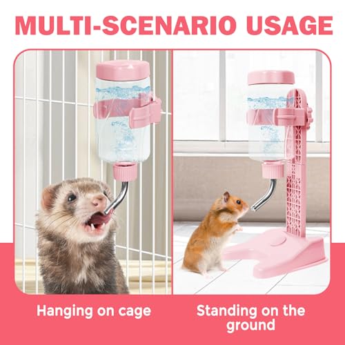 VANNON Pet Standing Water Dispenser Top Fill Dog Water Bottle Dispenser with Stand Leakproof Pet Slow Water Bottle for Small Animals, 13oz, BPA Free, Adjustable Height, Pink - color: Pink