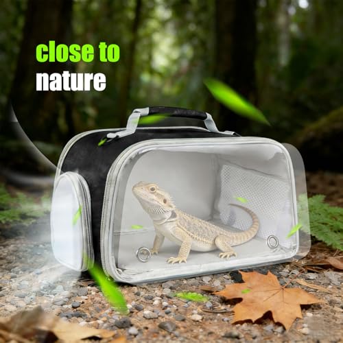 WEVONIGU Scratch-Resistant Bearded Dragon Backpack Foldable Gecko Carrier Ventilation Travel Bag with Clear View Window Dual Carry Cage Options for Travel Hiking & Vet Visits - color: Black, size: Carrier