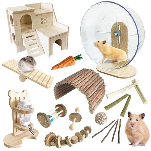 18 Pcs Hamster Cage Accessories, Natural Wooden Hamster Toys,Hamster Chew Toys Set ,Natural Wooden Hamster Wheel Maze Wood House Hideout Seesaw and Water Bottle Set for Rat Mice Small Animals Habitat