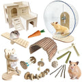 18 Pcs Hamster Cage Accessories, Natural Wooden Hamster Toys,Hamster Chew Toys Set ,Natural Wooden Hamster Wheel Maze Wood House Hideout Seesaw and Water Bottle Set for Rat Mice Small Animals Habitat