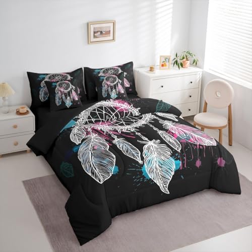 Erosebridal Dream Catcher 7 Piece Bedding Set Twin Bohemian Mandala Comforter Set with Sheets Feathers Exotic Indian Style Bed in A Bag Kids Boys Girls Teens Bed Sets - color: Black, size: Twin