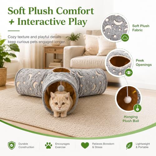 Cat Tube Tunnel with Plush Ball Toys Collapsible Self-Luminous, for Cat Small Pets Bunny Rabbits, Kittens, Ferrets,Puppy and Dogs Grey Moon Star 3 Way - size: 3 Way