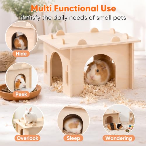 Guinea Pig Hideout, Large Wooden Guinea Pig House Hut, Bunny House | 8mm Premium Thickened Boards, Spacious Room & Multi-Opening for Better Ventilation, Tool-Free Assembly, Sturdy Construction - size: Style 1: 11.8 x 11 inches