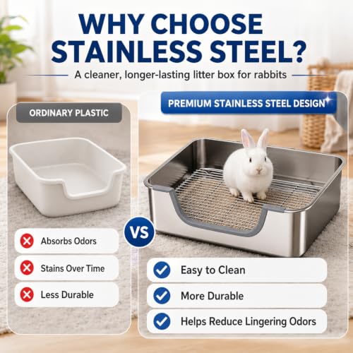 Stainless Steel Litter Box for Rabbit, Metal Bunny Litter Box Sifting Large | Non-Chewable, Easy to Clean, Long-Lasting Use, Odor Control, L: 17.2" x 13.4" x 5.9"