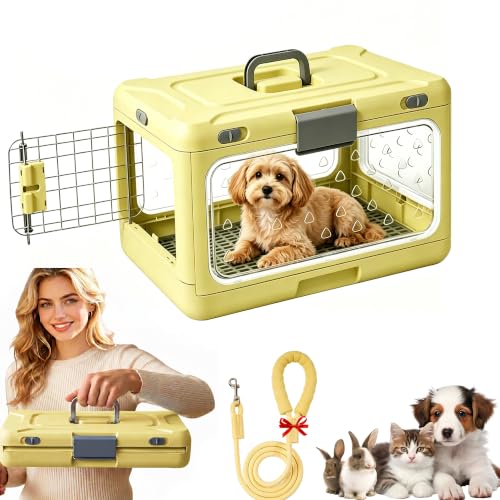 Foldable Hard Cat Carrier, Transparent Pet Crate for Cats & Small Dogs, Collapsible Travel Kennel with Ventilation & Urine Pad Mesh Grid, Portable Travel cage, Essential for pet Travel, Yellow - color: Yellow