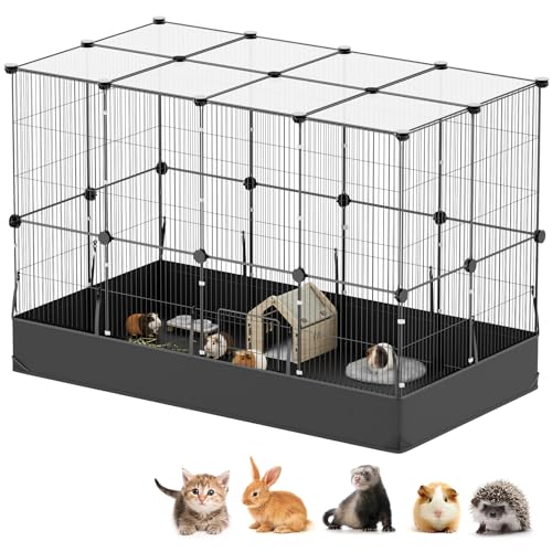 Tresbro Guinea Pig Cage with Waterproof PVC Bottom Liner & One-Hand Release Hook, Triple Fixing C&C Cage for Guinea Pigs, Bunny, Rabbit, Hedgehog, Small Animal Indoor Playpen 48''L x 24''W x 31.5''H - size: 24 Panels-with roof