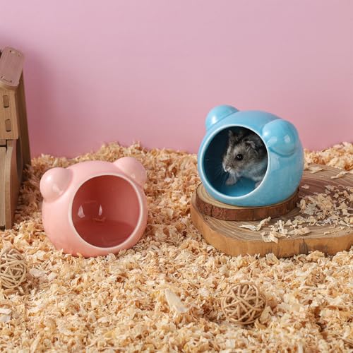 VanEnjoy 2 Pack Ceramic Hamster Hideout Red and Blue Small Animal Hides for Gerbils Mice Cute Summer Cooling Houses for Cage Accessories - color: Pink and blue